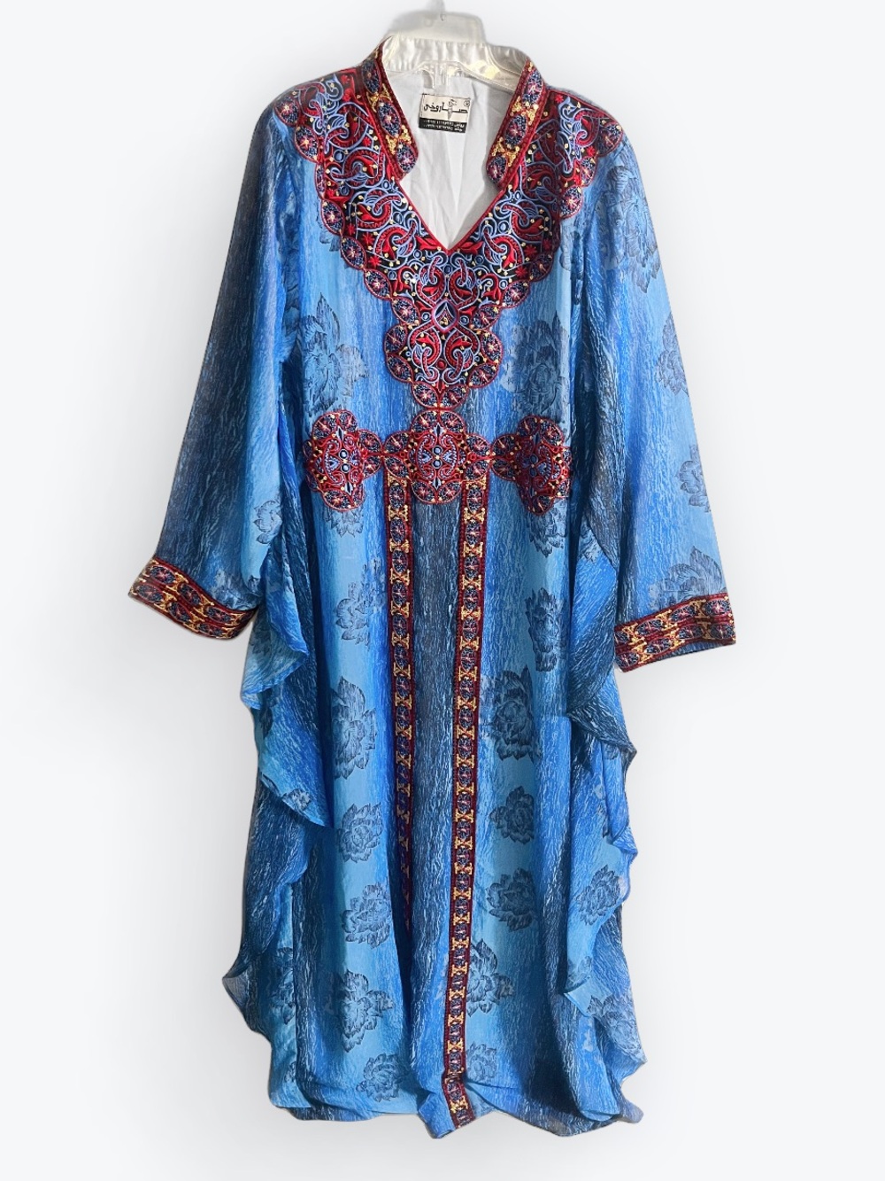 Embroidered Blue Caftan with Red Accent Trim Size Medium